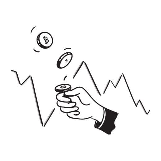 Line illustration of a hand catching coins above a rising chart